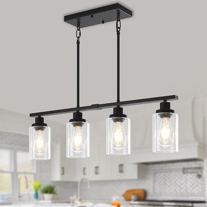 Modern Island Lights for Kitchen Black Dining Room Light Fixtures | 30'' Linear Chandelier Over Table, 4-Light Farmhouse Kitchen Island Lighting Clear Glass Shades, Adjustable Height by YUEMZSChandelierforLiving