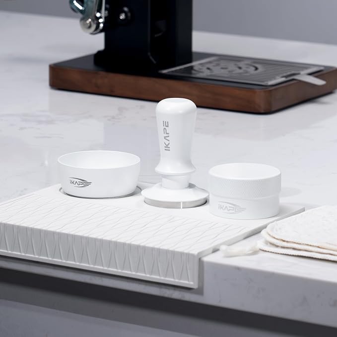 IKAPE 53MM Coffee Tamper Set White 6 IN 1, Espresso Tamper Kit, Espresso Accessories Kit with Tamper, Distributor, Magnetic Dosing Funnel, Silicone Mat, Bar Cleaning Towel