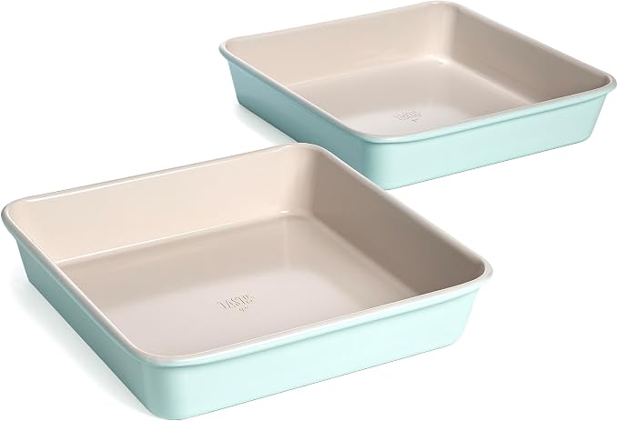 Tasty Clean Ceramic Square Cake Pans Set, 2-Pack of 9-Inch Cake Pans, Durable Aluminized Steel for Professional Results, Clean Ceramic Nonstick Coating, Oven Safe to 425°F, Dishwasher Safe, Aqua by Tasty