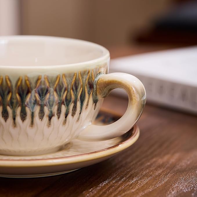 Coffeezone Vintage Design 12 oz Ceramic Latte Art Cappuccino Barista Cup with Saucer (Embossed Vintage) - Image 4