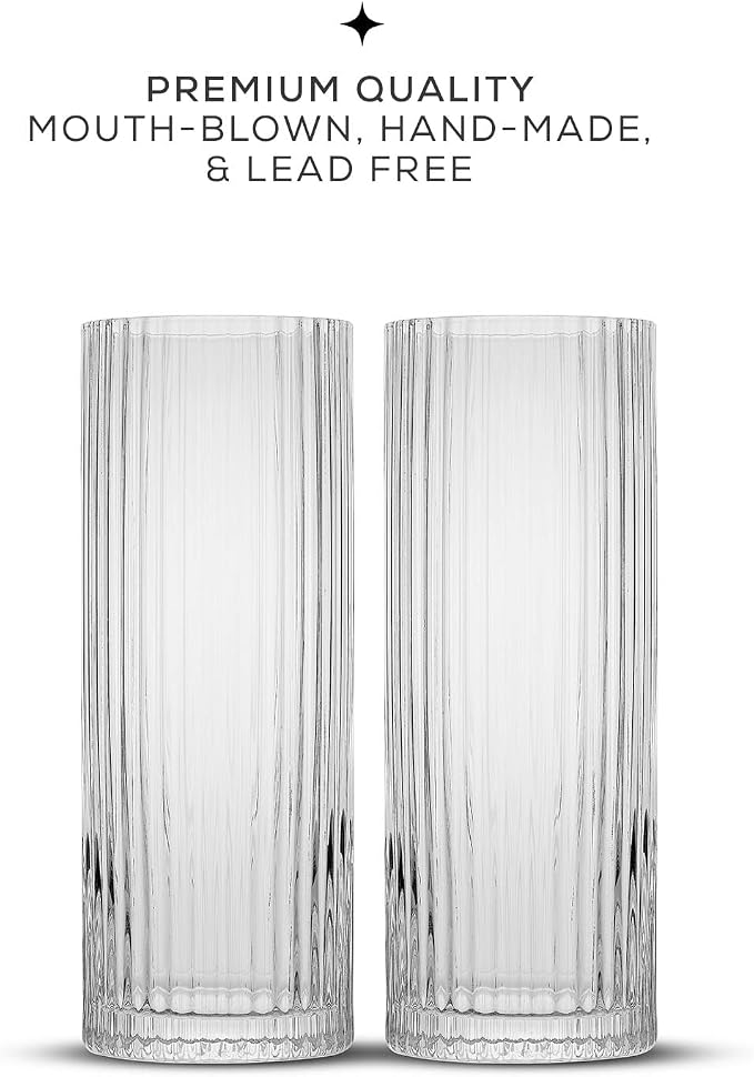 JoyJolt Elle 16oz Fluted Highball Glasses Set of 2, Ribbed Tall Cocktail Tumblers for Gin Juice Water, Vintage Style Drinking Glasses - Image 2