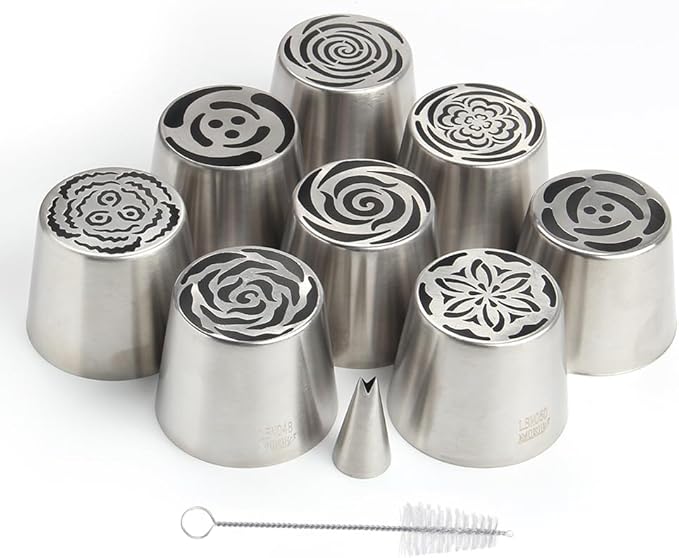 8 Pieces Stainless Steel Extra Large Russian Piping Tips Set,Flower Icing Nozzles with 1 Cleaning Brush,1 Small Leaf Icing Tip for Making Marshmallows,Cupcakes Bouquet,Buttercream Baking Tools