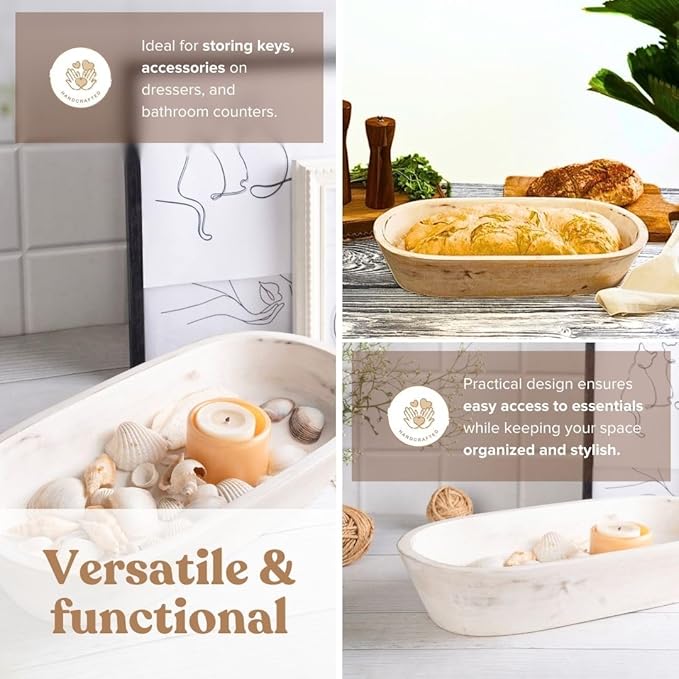 Luxe Designs Wooden Dough Bowl - Rustic White Acacia Wood - Handmade Decorative Bowls for Home Decor, Bathroom, Kitchen Counter, & More - Rustic Large Wood Dough Bowl for Decor, Cosmetics, and Keys