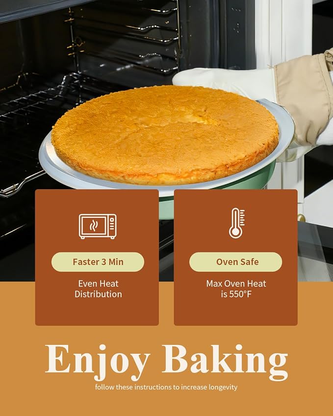 9 Inch Nonstick Ceramic Round Cake Pan with Handle, Pistachio Green | PFOA/PFAS/PTFE-free aluminized steel, ceramic coated. Oven safe 550°F, dishwasher safe. For cakes, cheesecakes & brownies - Image 7