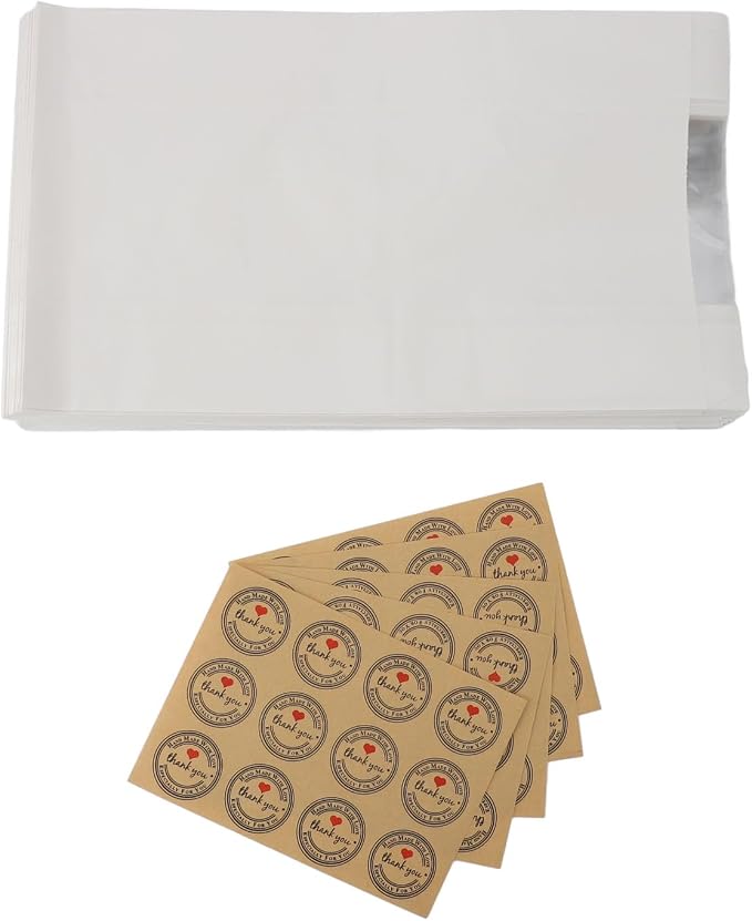 50PCS Bread Bag Kraft Paper Transparent Window Baked Food Packaging Storage Bag with 60PCS Thank You Stickers for Homemade Bread, Cake, Snacks, Coffee Beans, Popcorn, etc (White) - Image 2