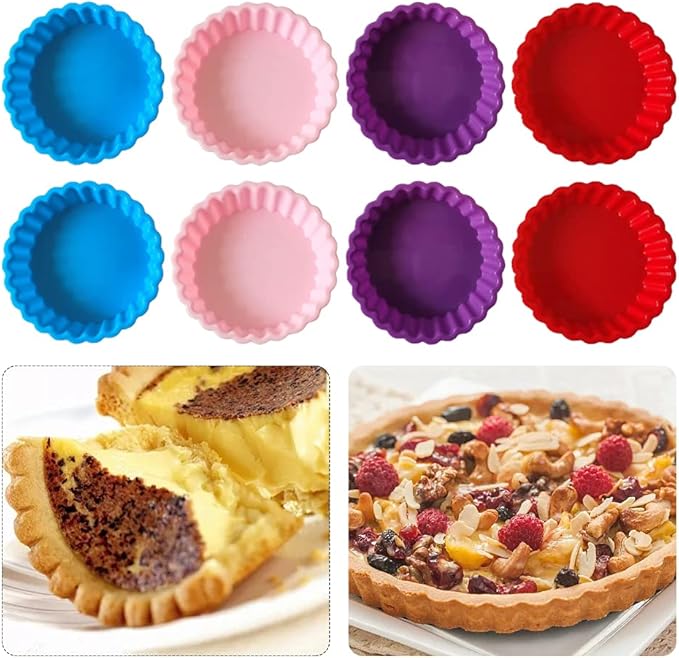 8 Pack Silicone Tart and Pie Molds, 4.2 Inches Round Baking Molds, Small Fluted Cake Pans Mini Quiche Tart Pans for Baking Pies, Tarts, Cakes, Small Dessert DIY (Random Color)