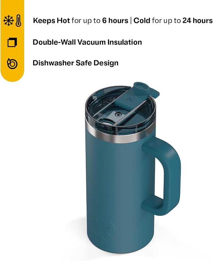 RTIC 16oz Road Trip Travel Mug with Lid and Handle, Ceramic Lined, Insulated, Stainless Steel, Metal, Double Wall Vacuum-Insulation, Portable Coffee, Tea Cup for Hot and Cold Drink, Marine - Image 2