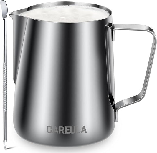 Milk Frothing Pitcher, 12oz Stainless Steel Milk Frother Cup Steaming Pitcher, Coffee Bar Cappuccino Espresso Machine Accessories Barista Tools, Metal Pitcher Milk Jug with Decorating Latte Art Pen