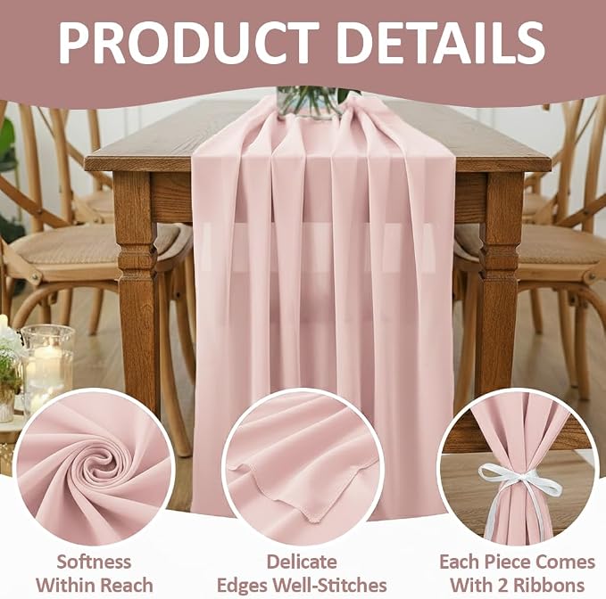 MDS Pack of 15 | Dusty Pink | 14ft Chiffon Table Runner 29x170 Inches Long Romantic Rustic Sheer Gauze Runner for Wedding Bridal Shower Birthday Banquets Engagement Spring Easter Boho Decorations - Image 5