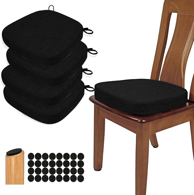 BUYUE Thickened 2.5" Dining Chair Cushions Set of 4, U-Shape High Density Foam Comfortable Chair Pads for Kitchen, Slip Resistant Indoor Seat Cushions (4 PCS, Black) by BUYUE