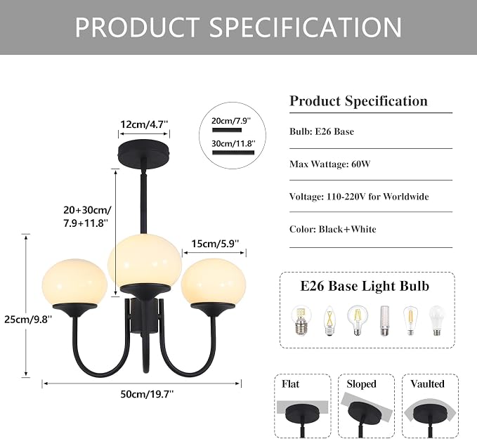 Mid Century Modern Pendant Light 3-Light Milk Glass Chandelier Frosted Globe Chandelier Black Sputnik Ceiling Light Fixture for Living Room Bedroom - Image 2