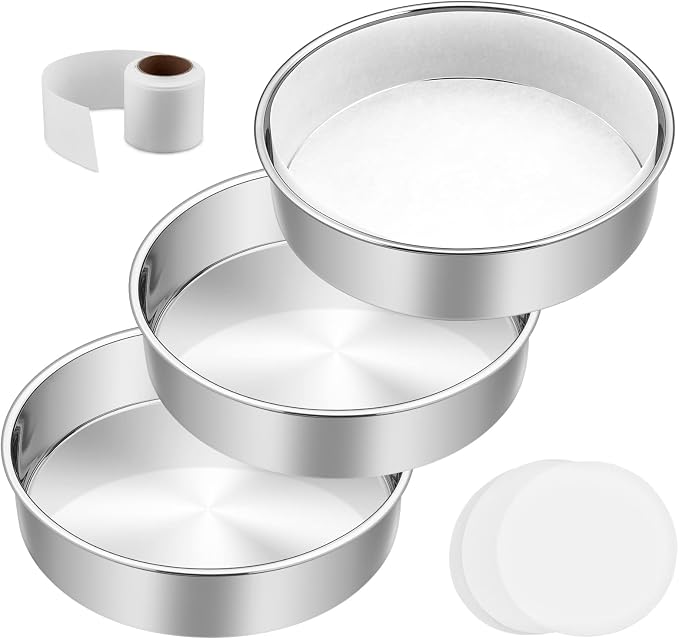 8 Inch Cake Pan Set of 3, E-Far Stainless Steel Round Layer Cake Baking Pans with Parchment Rounds & Side Liner Roll, Non-Toxic & Healthy Metal Cakes Tin, Straight Side & Dishwasher Safe by E-far