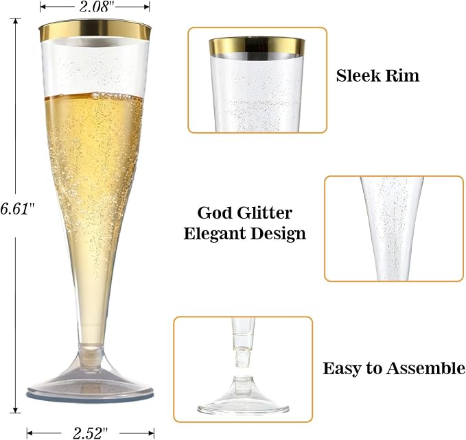 Bestluck 100 Pack 4.5 oz Gold Glitter Champagne Flutes Plastic | Plastic Disposable Stemware with Gold Rim, Disposable Champagne Flutes for Party, Mimosa Bar, Wedding, Anniversary - Image 3