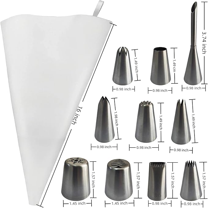 Reusable Cotton Piping Bags & Tips Set -16" Large Pastry Bag with 10 lcing Tips + 2 Couplers for Cake Decorating, Baking Supplies