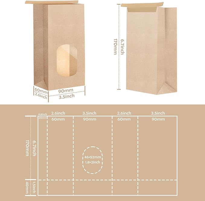 250 Pcs Bakery Bags with Window Small Kraft Paper 3.54 x 2.36 x 6.7 Inch Cookie Treat Tin Tie Tab Lock Brown for Coffee Food Candy Gift Packaging Party - Image 2