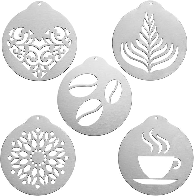 5Pcs Stainless Steel Coffee Decorating Stencils Metal Foam Latte Art Templates, Reusable Barista Cappuccino Chocolate Templates Coffee Garland Mould Cake Decorating Tool