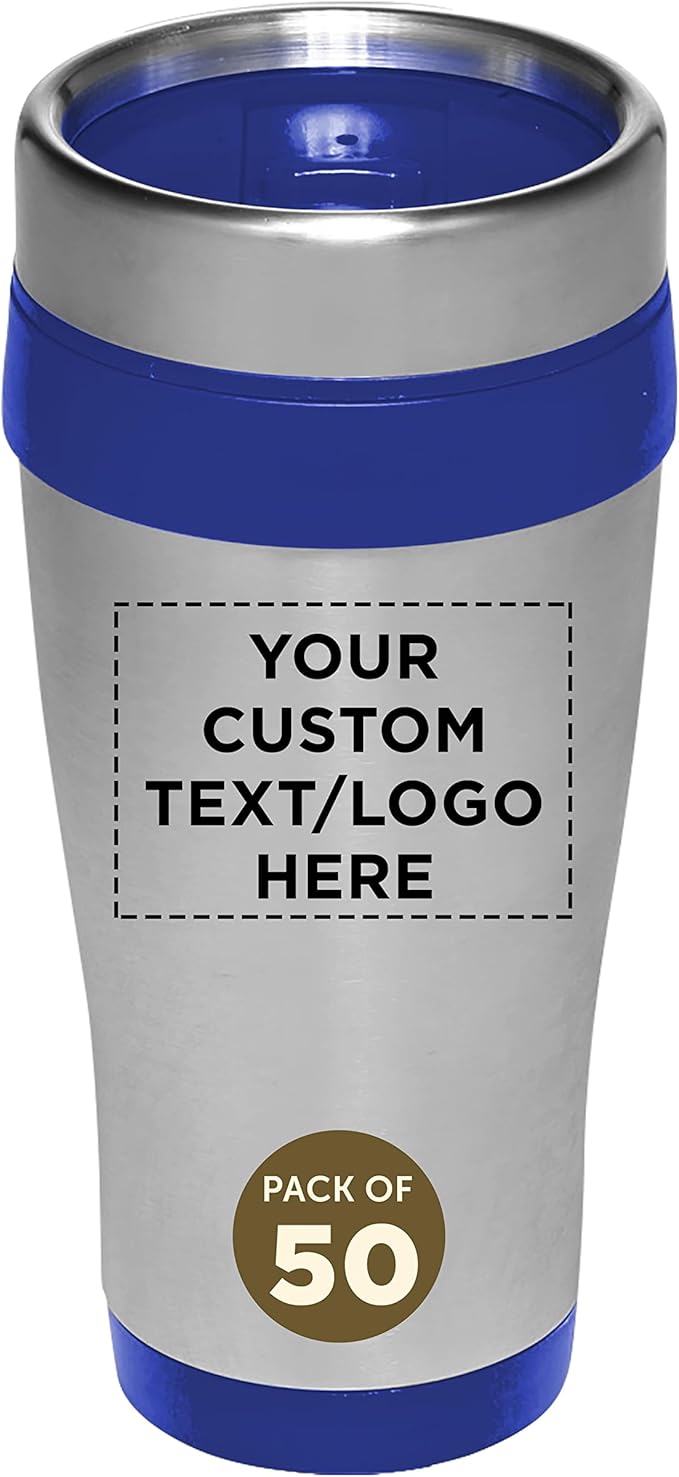 Custom Insulated Stainless Steel Travel Mugs 16 oz. Set of 50, Personalized Bulk Pack - Perfect for Coffee, Soda, Other Hot & Cold Beverages - Blue