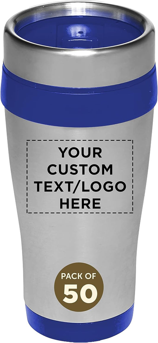 Custom Insulated Stainless Steel Travel Mugs 16 oz. Set of 50, Personalized Bulk Pack - Perfect for Coffee, Soda, Other Hot & Cold Beverages - Blue