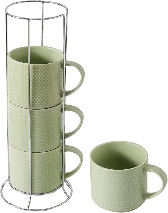 HASENSE Coffee Mugs Set with rack, 15 Ounce Porcelain Stackable Large Coffee Cups Set of 4 with handle for Drinks Like Tea, Cappuccino, Milk, Mocha and Cereal, Microwave & Dishwasher Safe, Green by Hasense