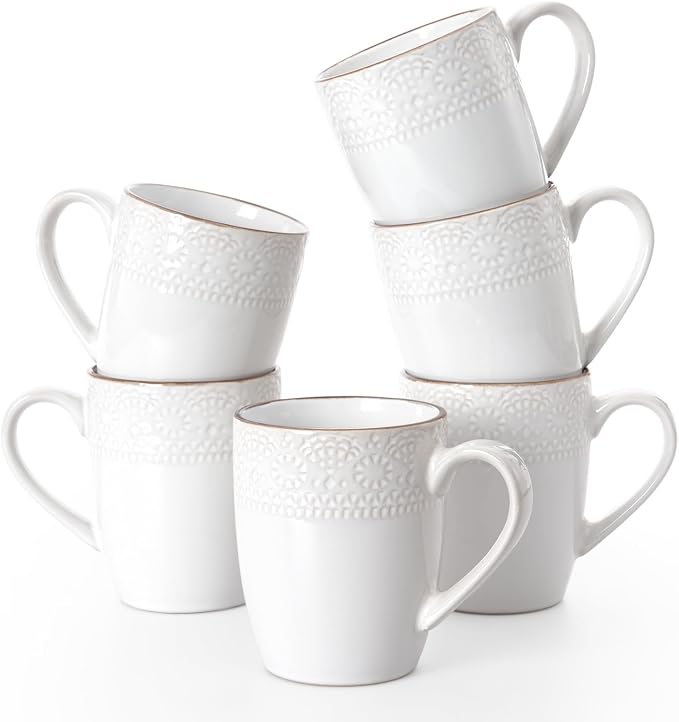famiware Coffee Mugs Sets for 6, 12 oz Mug Set, Coffee Cups with Handle for Coffee, Tea, Cocoa and Milk, Microwave and Dishwasher Safe, White Floral by Famiware