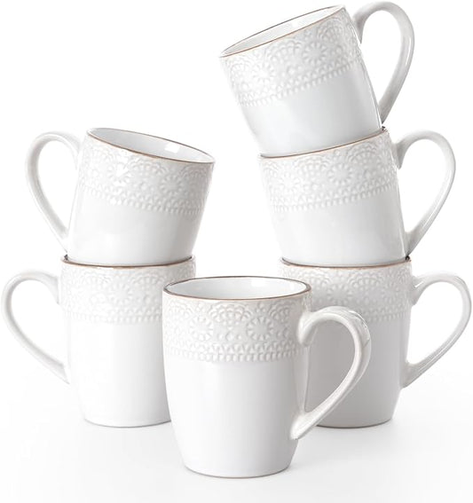 famiware Coffee Mugs Sets for 6, 12 oz Mug Set, Coffee Cups with Handle for Coffee, Tea, Cocoa and Milk, Microwave and Dishwasher Safe, White Floral by Famiware