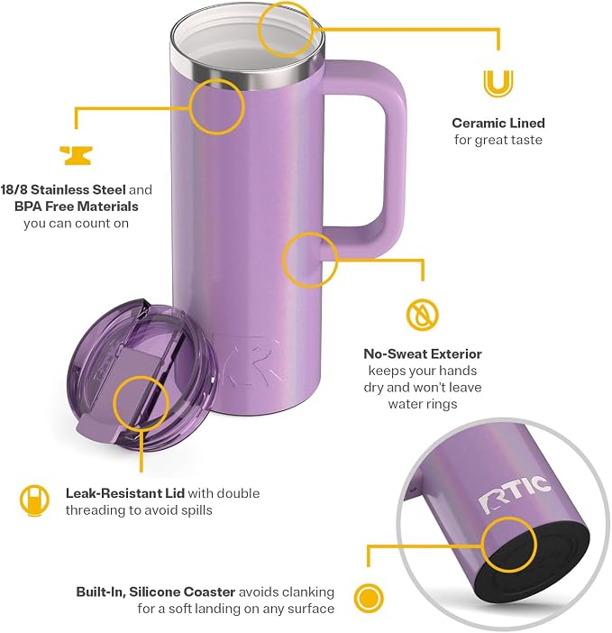RTIC 20oz Road Trip Travel Mug with Lid and Handle, Ceramic Lined, Insulated, Stainless Steel, Metal, Double Wall Vacuum-Insulation, Portable Coffee, Tea Cup for Hot and Cold Drink, Lavender Glitter - Image 3