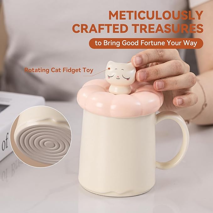 Tea Cup with Infuser and Lid 14oz - Ceramic Mug with Spinning Cat Lid, Floral Design Tea Gift for Women, Anniversary Birthday Gift Compatible with Warmer
