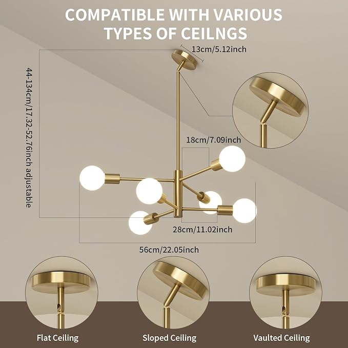 Sputnik Chandeliers Moderna Light Fixture, 6 Lights Gold Mid Century Ceiling Chandelier, Height Adjustable for Living Room, Kitchen, Dining Room, Bedroom,Foyer - Image 4