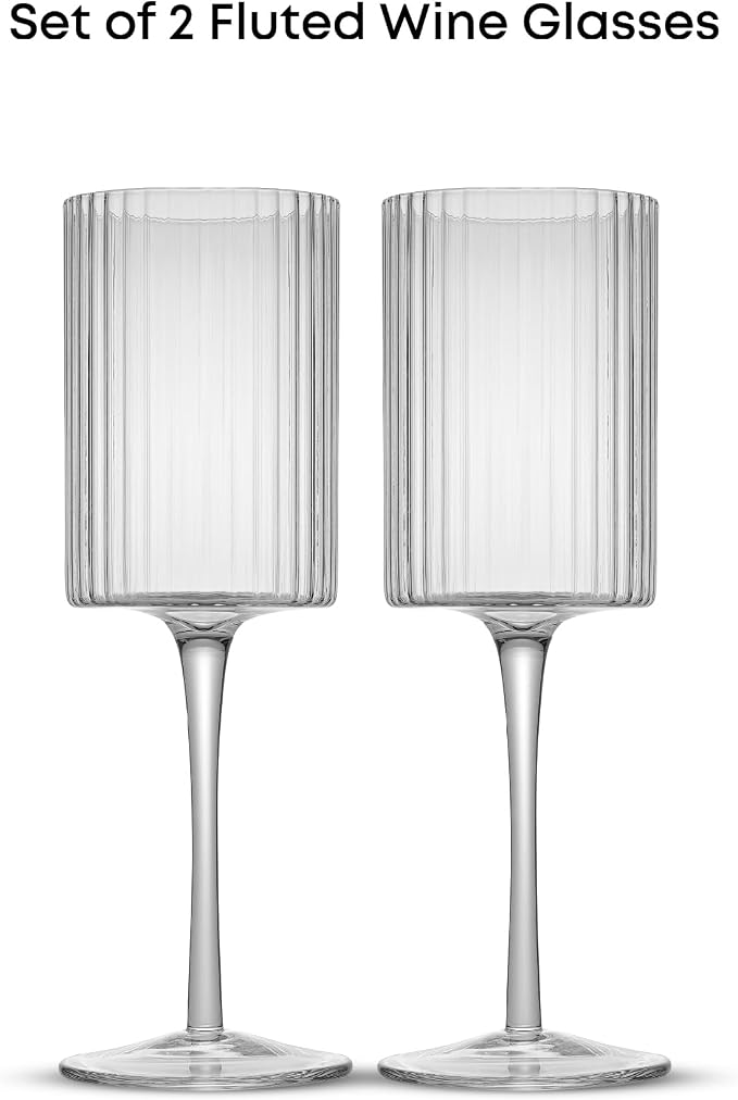 JoyJolt Elle Fluted White Wine Glasses Set of 2, 11.5oz Long Stem Wine Glasses, Unique Stemmed Cocktail Glass, Vintage Style Drinking Glass Set - Image 3