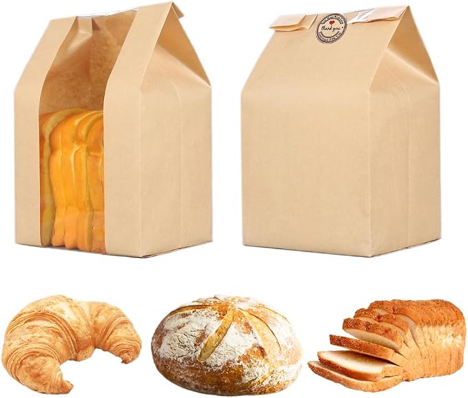 GRANDAN 100 Packs Large Paper Bread Bags for Homemade Bread, Kraft Paper Bakery Bags with Window for Sourdough Toast Packing Storage, Baked Loaf Gifting Bag Bonus Label Seal Stickers 12.6x8.3x4.0 inch by GRANDAN