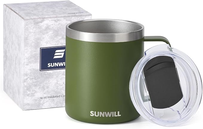 SUNWILL Travel Coffee Mug with Lid, Insulated Tumbler with Handle, 14 oz Stainless Steel Cup for Camping, Office, Home, Powder Coated Olive - Image 5