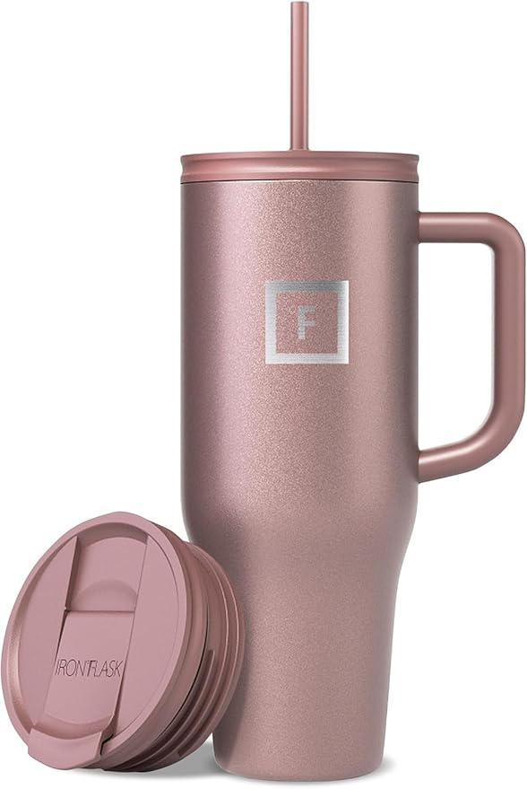 IRON °FLASK 40 oz Co-Pilot Insulated Travel Mug | Insulated Travel Mug with Straw & Flip Cap Lids - Cup Holder Fit, Leakproof, BPA Free (Rose Gold) by IronFlask