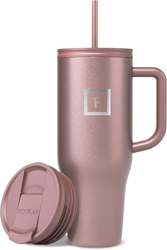 IRON °FLASK 40 oz Co-Pilot Insulated Travel Mug | Insulated Travel Mug with Straw & Flip Cap Lids - Cup Holder Fit, Leakproof, BPA Free (Rose Gold) by IronFlask