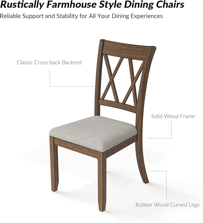 HULALA HOME Set of 2 Farmhouse Dining Chairs with Upholstered Cushion, Solid Wood Cross Kitchen Dining Room Chairs(Walnut) - Image 5