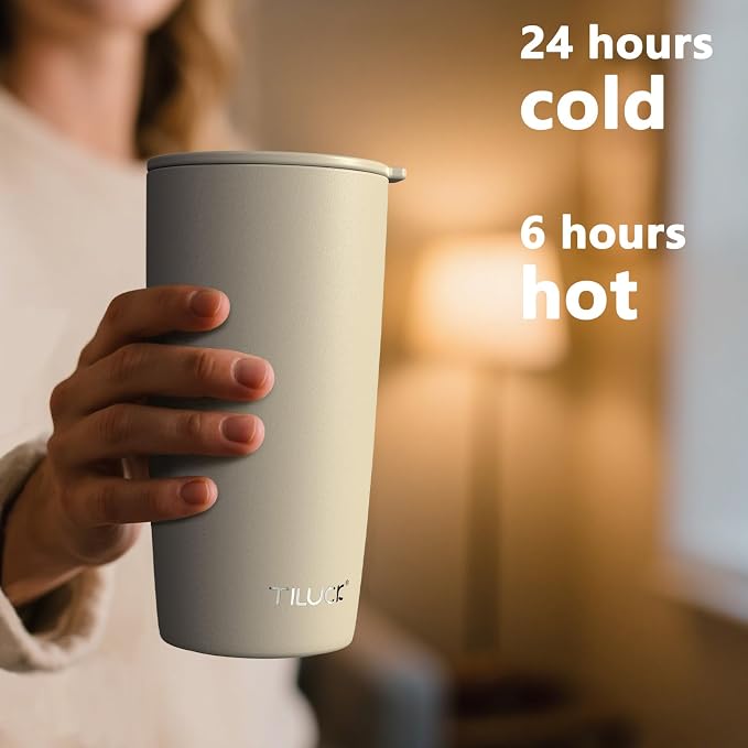 TILUCK 20 oz Insulated Coffee Tumbler with BPA-Free Lid | Travel Coffee Mug, Dishwasher Safe, Cup Holder Friendly, Double-Wall Vacuum Insulation for Hot & Cold Drinks,Matte MistyGray - Image 3