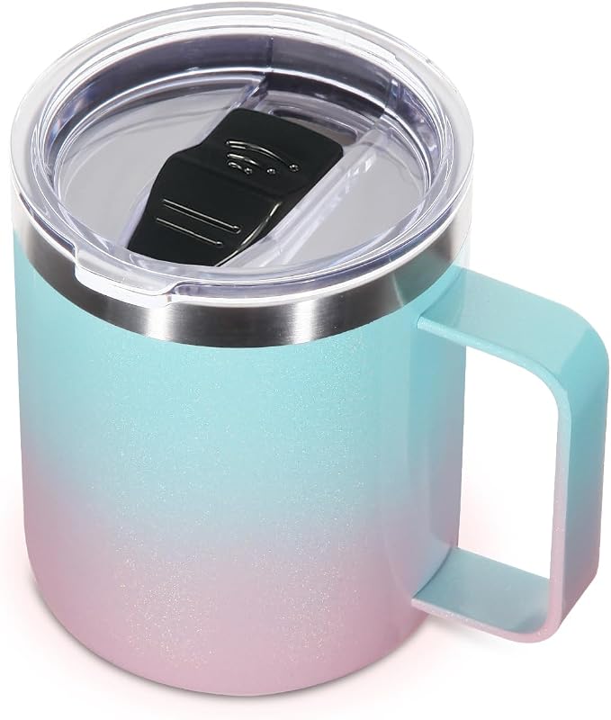 Volhoply 14oz Insulated Stainless Steel Coffee Mug with Leakproof Lid,Double Wall Vacuum Travel Coffee Cup with Handle, Reusable Cups Tumbler,Camping Mugs Keep Hot, Ideal Gifts(Green Pink,1 Set) by LiveFully%EF%BC%8CDrinkFreely%E2%80%94KeepGoingwithVolhoply%EF%BC%81
