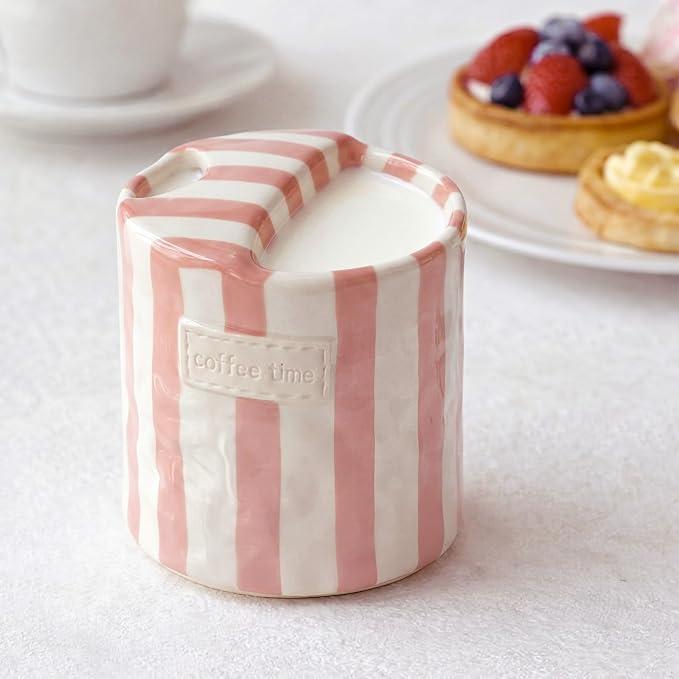 1 Pack Ceramic Coffee Mug with Sip Hole Espresso Cup 10oz with Straws Retro Hand Painted Striped Ceramic Iced Coffee Tea Travel Mug Latte Cup for Kitchen Dining (Simple,Pink) - Image 4