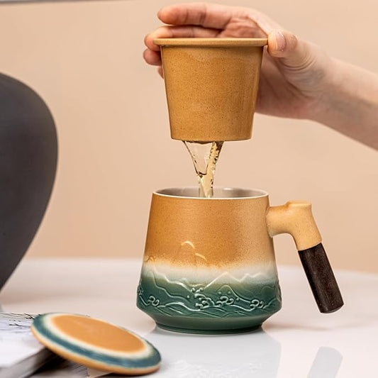 Ceramic Tea Mug with Infuser & Lid, 15oz Kiln-Transformed Unique Cup – Nature's Artisan Design, Loose Leaf Tea Cup with Infuser, Insulated Ceramic Coffee Mugs with Lid, Gift for Women/Men