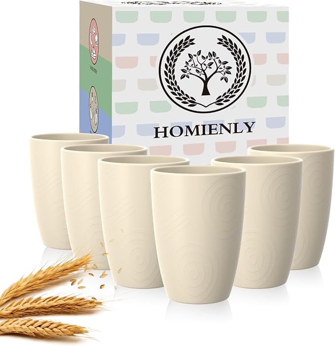 Homienly Unbreakable Drinking Glasses 16oz Wheat Straw Cups–6-Pack Reusable Stackable & Dishwasher Safe Cups for Kitchen-Beige by HOMIENLY