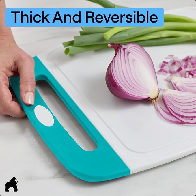 GORILLA GRIP BPA-Free Reversible Kitchen Cutting Board Set of 3, US Designed, Nonporous, Juice Grooves Catch Liquid, Slip Resistant Border, Dishwasher Safe Durable Large Food Chopping Boards Turquoise - Image 7