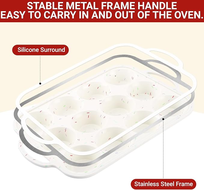 Redfly Silicone Muffin Pans for Baking 12 Cup with Metal Reinforced Frame, Nonstick 2Pack Regular Size Cupcake Pan, BPA Free Food Grade, Easy Release, Dishwasher Oven Freezer Safe for Egg Bite Molds - Image 3