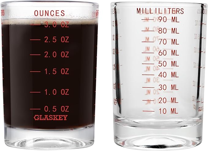 GLASKEY 2 Pack Shot Glass Measuring Cup Set,3 oz/90ml Liquid Heavy High Espresso Glass Cup,Dishwasher Safe,Measurement of Dry and Liquid Ingredients(Red)