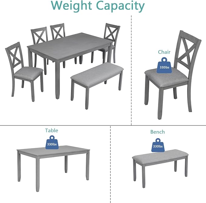 6-Piece Dining Table Set with Bench and Chairs - Solid Wood Kitchen Dining Room Table Set in Farmhouse Rustic Style, Table Set for 6 with 4 Chairs and Bench Seat.(Gray_Large) - Image 6