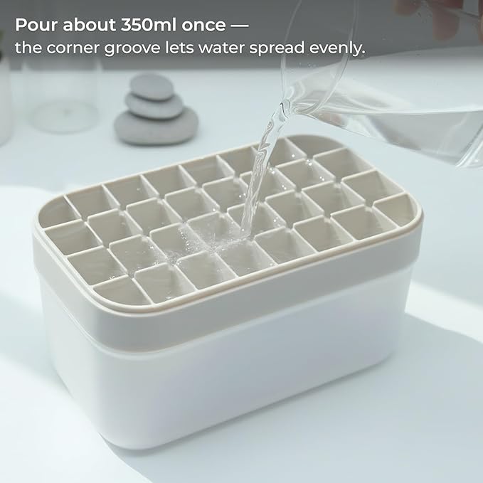Ice Cube Tray Set with Lid & Bin, 2 Silicone Trays (32-Cube Each, 64 Total), Easy-Release, Stackable, Leak-Proof, Dishwasher Safe, Sand Beige