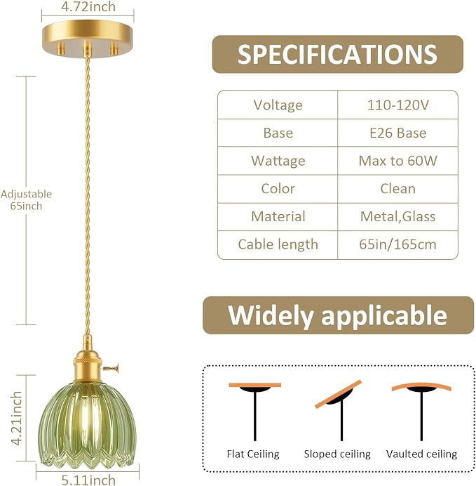 Ralbay Vintage Pendant Lights Kitchen Island,Green Tulip Glass Shade,3Packs | Mini Pendant Light Fixture with Switch,Adjustable Brass Hanging Light for Bedroom, Dining Room, Hallway,Bar - Image 5