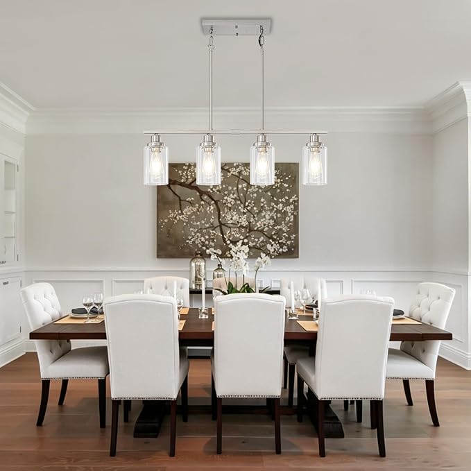 Brushed Nickel Linear Chandelier Over Table, Dining Room Light Fixtures | 4-Light Kitchen Island Lighting, 30'' Modern Island Lights for Kitchen with Clear Glass Shade, Adjustable Height - Image 5