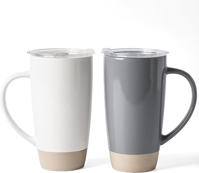 famiware Milkyway Coffee Mugs, 20oz Large Coffee Mug, Ceramic Mug Set of 2 with Lid, Cup Set with Handle for Latte, Tea, Cocoa, Milk, Home & Office, White and Dark Gray by Famiware