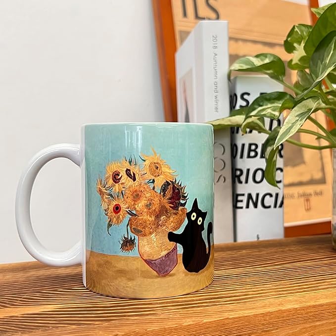 Famous Art Paintings Funny Cat Coffee Mug for Artist Art Lover Teacher Cat Lovers, Famous Picture Classic Vincent Aesthetic Canvas Mug Birthday Gift for Women Man (Black Cat Sunflower) - Image 2