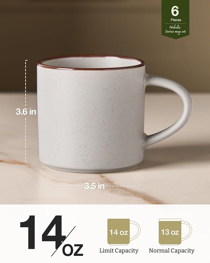famiware Coffee Mugs Set of 6, Nebula 14oz Coffee Mugs, Ceramic Cup Set with Handle for Latte, Tea, Milk, Cappuccino, Cocoa, Light Gray - Image 5
