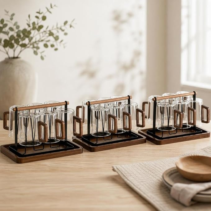 Borosilicate Glassware Set - Heat Resistant Drinking Glasses Set for Hot and Cold - for Home Use, Smoky gray wooden handle cups (460ML)*6 + cup holder - Image 3